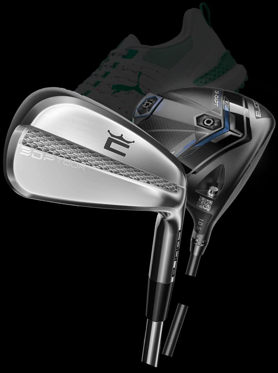 Golf clubs and Puma golf shoes showcasing premium gear for enhancing the golfing experience with GolfN app benefits.